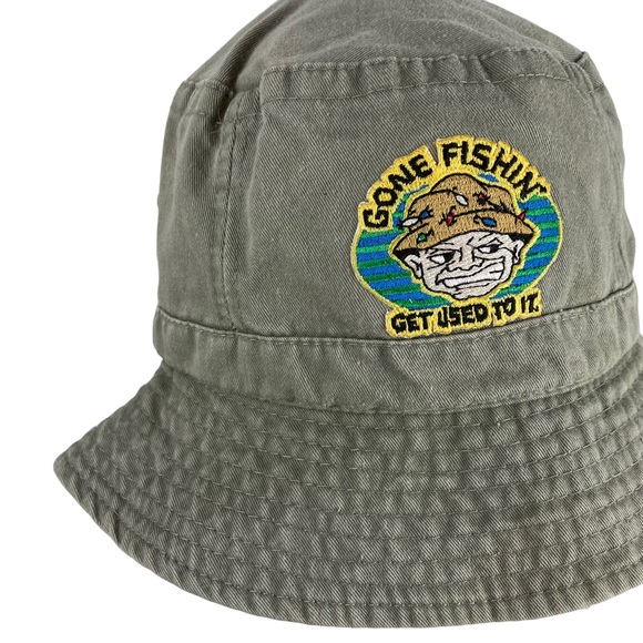 Vintage Gone Fishin’ Get Used To It Bucket Sun Hat L/XL 1990s Funny Gift Summer - Picture 2 of 14